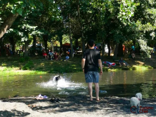 Turista y perro a orillas del río Laja en Camping El Girasol